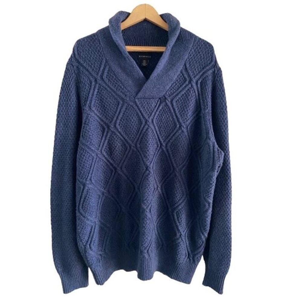 Rochester Mens Blue Diamond Cable Knit Shawl Collar Sweater 1XLT‎ Tall Pullover